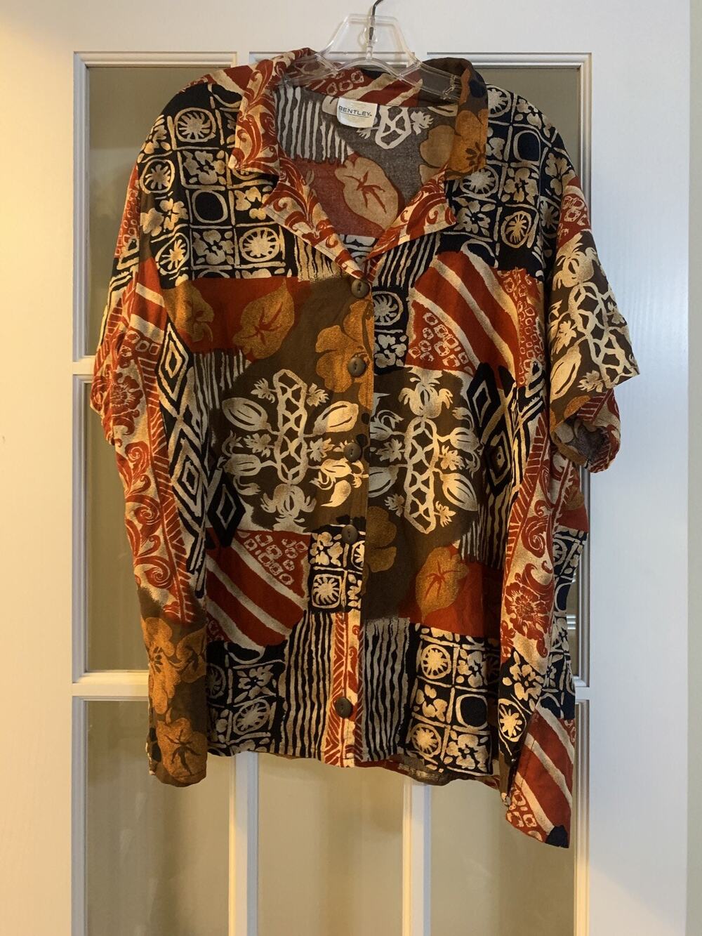 TR BENTLEY WOMENS vintage hawaiian printed blouse unique jungle red brown LG